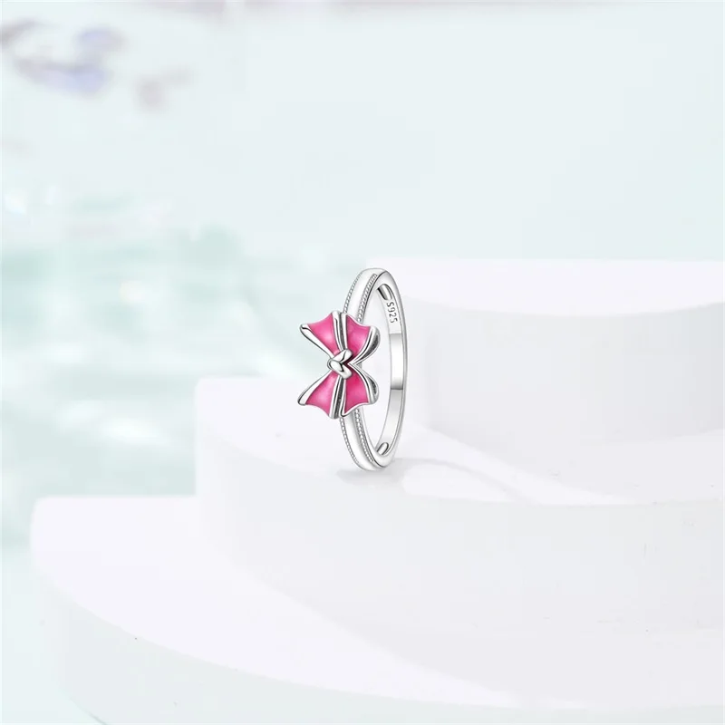 2026 New 925 Sterling Silver Pink Ribbon Bow Ring For Women Fashion Exquisite Birthday Anniversary Jewelry Gifts
