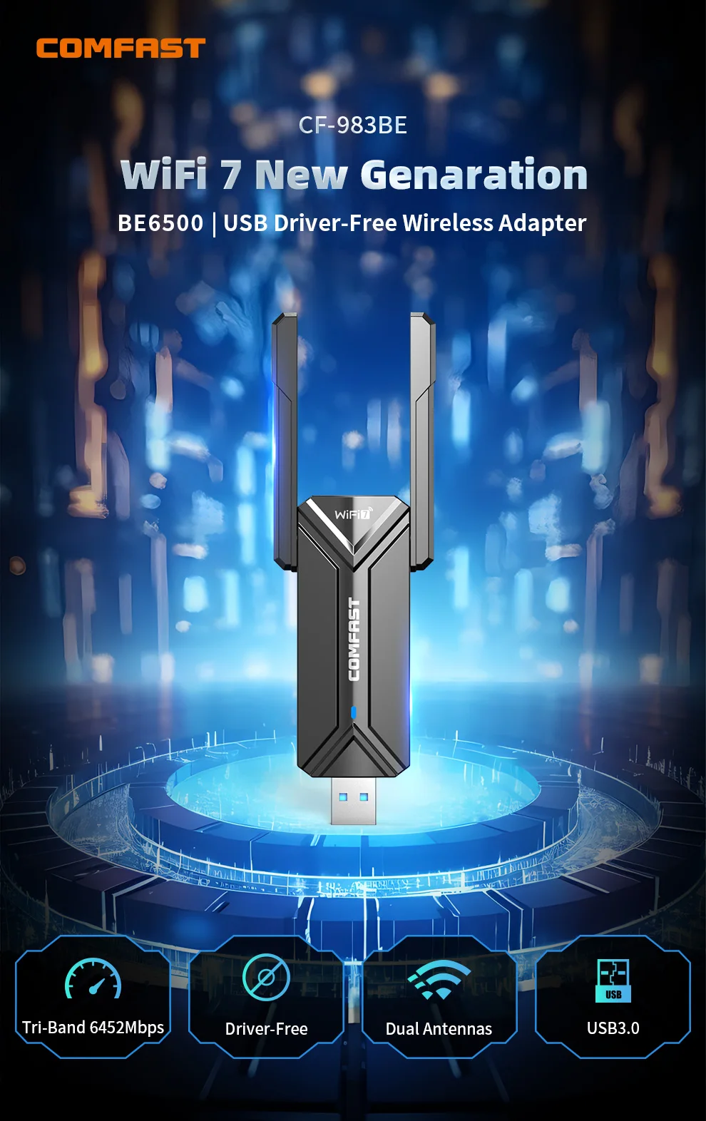 BE6500 Adaptador Wifi7 Usb 3.0 Adapter 5Ghz/2G/6G Antena Wi fi 7 Para PC 802.11BE Ethernet AX5400 Network Card Cle Dongle Receiv