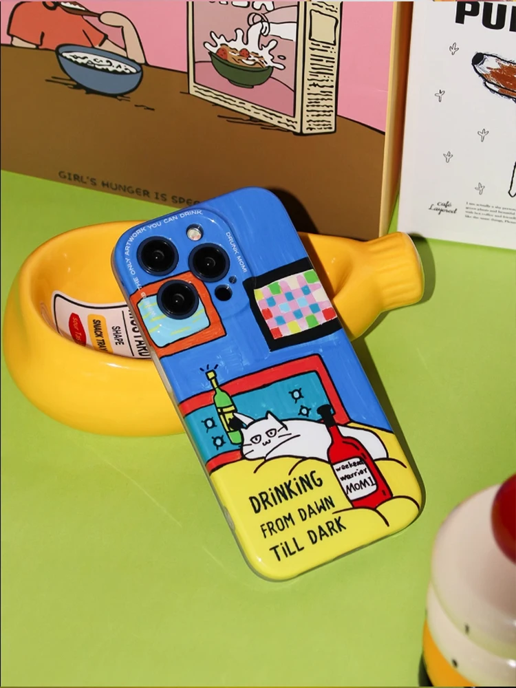 Full Cover Single Layer Phone Case, Suitable for Apple 14 Promax, Fall Protection Case, 13 Cartoon Cute Drunk Mom