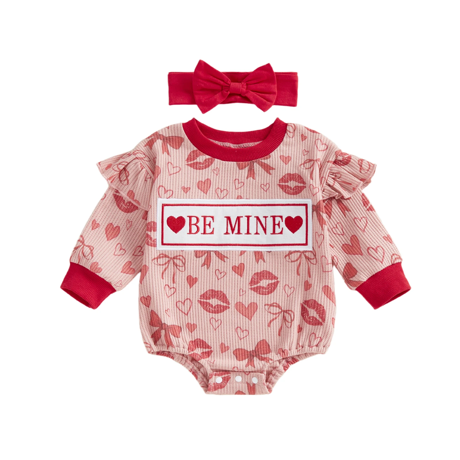 

Adorable Toddler Girls Pink Heart Print Romper with Matching Bow Headband for Valentine s Day Celebration