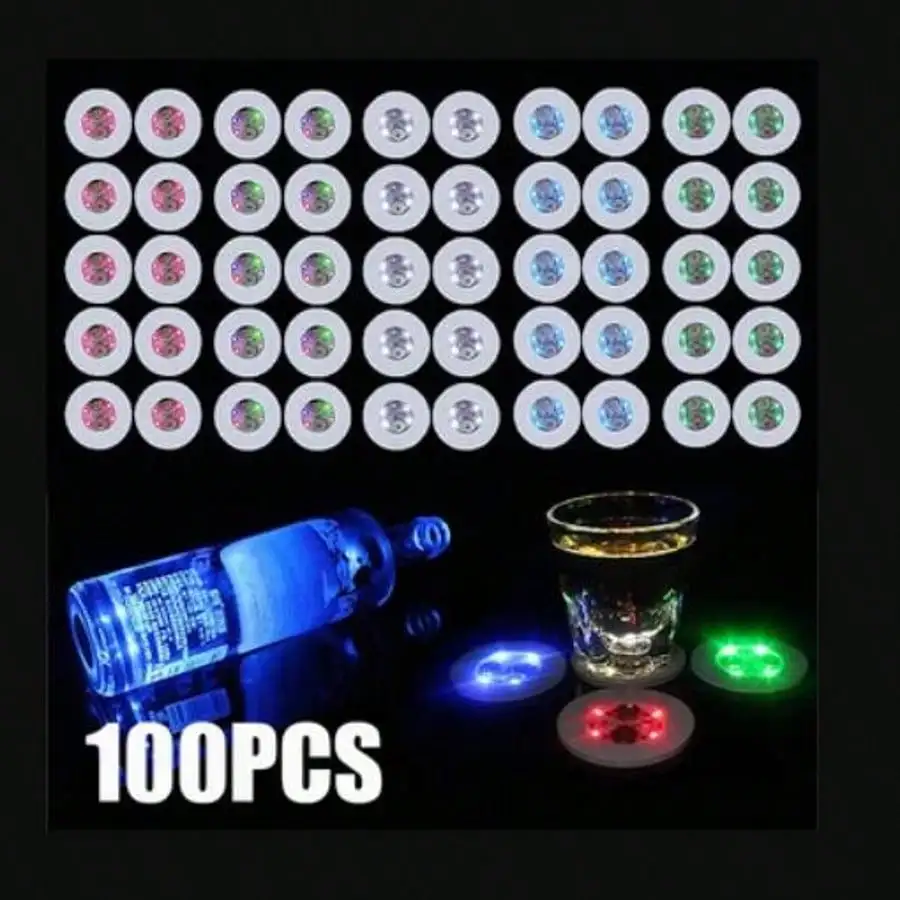 50PCS RGB LED Light Up Coasters For Drinks, Colorful LED Coasters Sticker Lights, LED Bottle Lights For Liquor Bottles,Home Bar,Club,Party,Wedding Decor