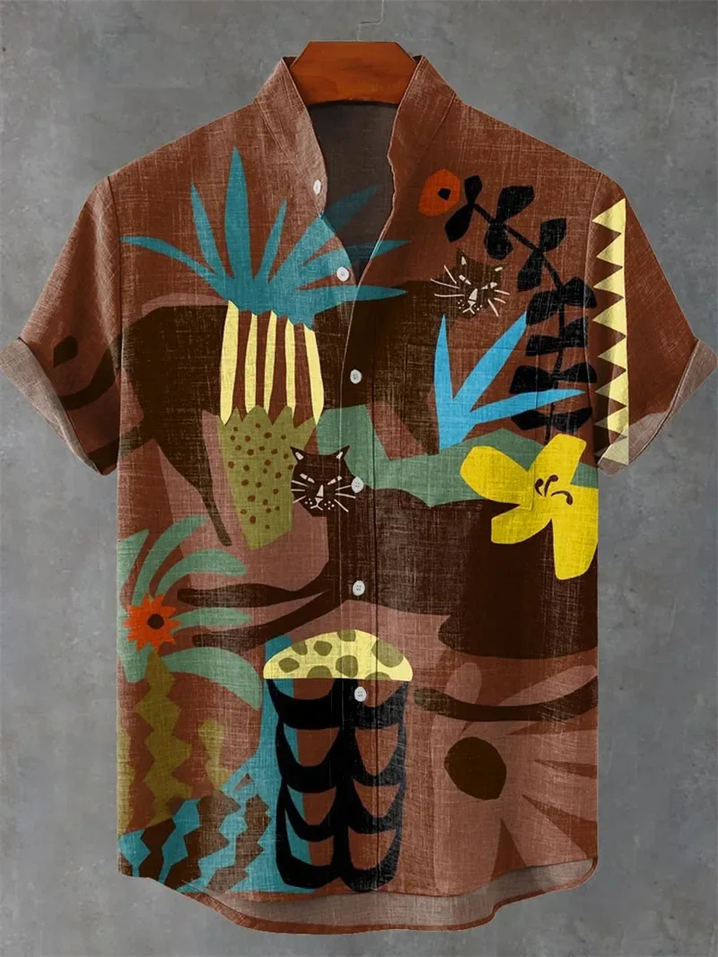 New Men's Ethnic Style 3D Printing Design Casual Vacation Linen Top Shirt Hawaiian Beach Lapel Short-sleeved Breathable Fashion