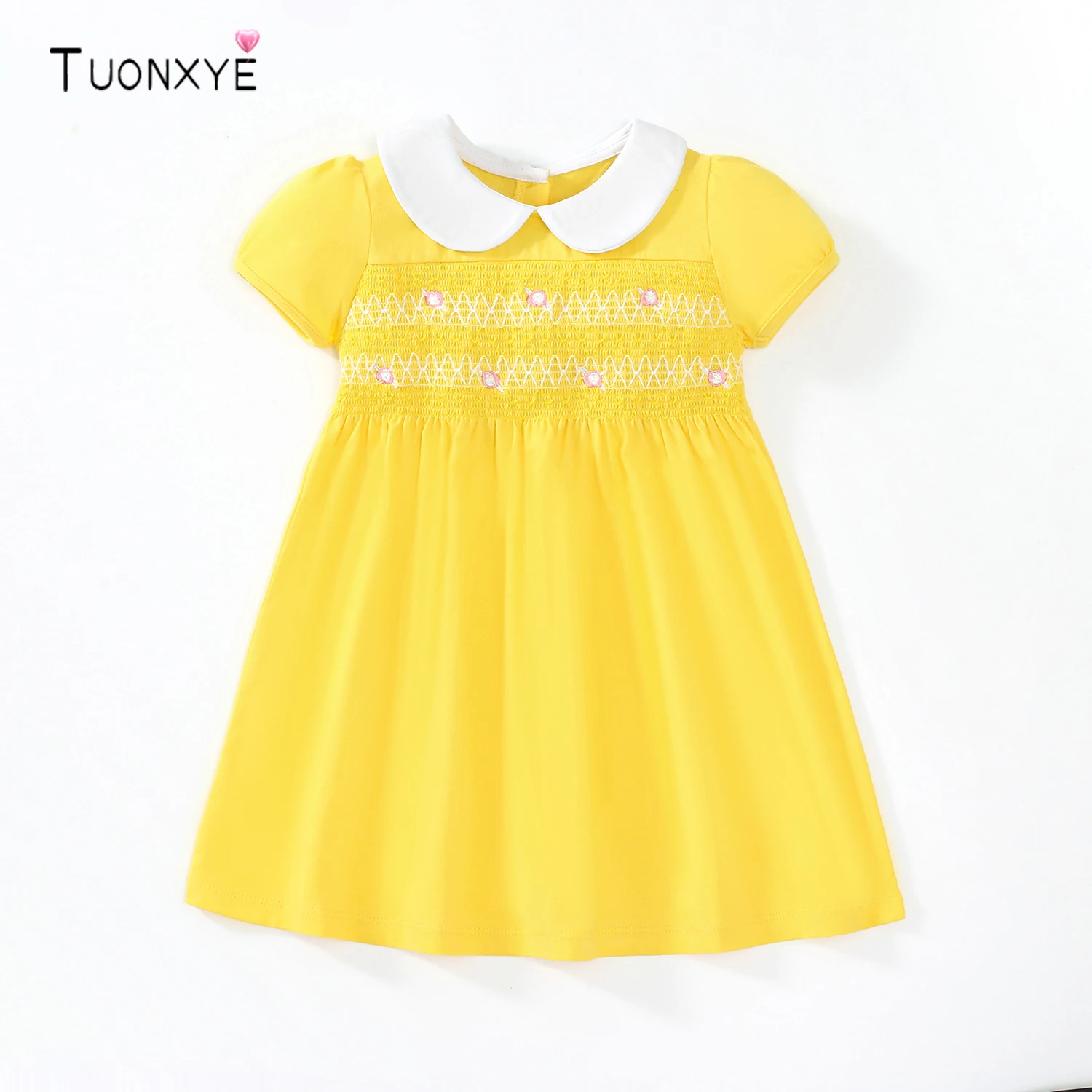 TUONXYE Summer Baby Girl Dress Cotton Button Smocked Floral Embroidery Short Sleeve Kids Princess Party Dresses