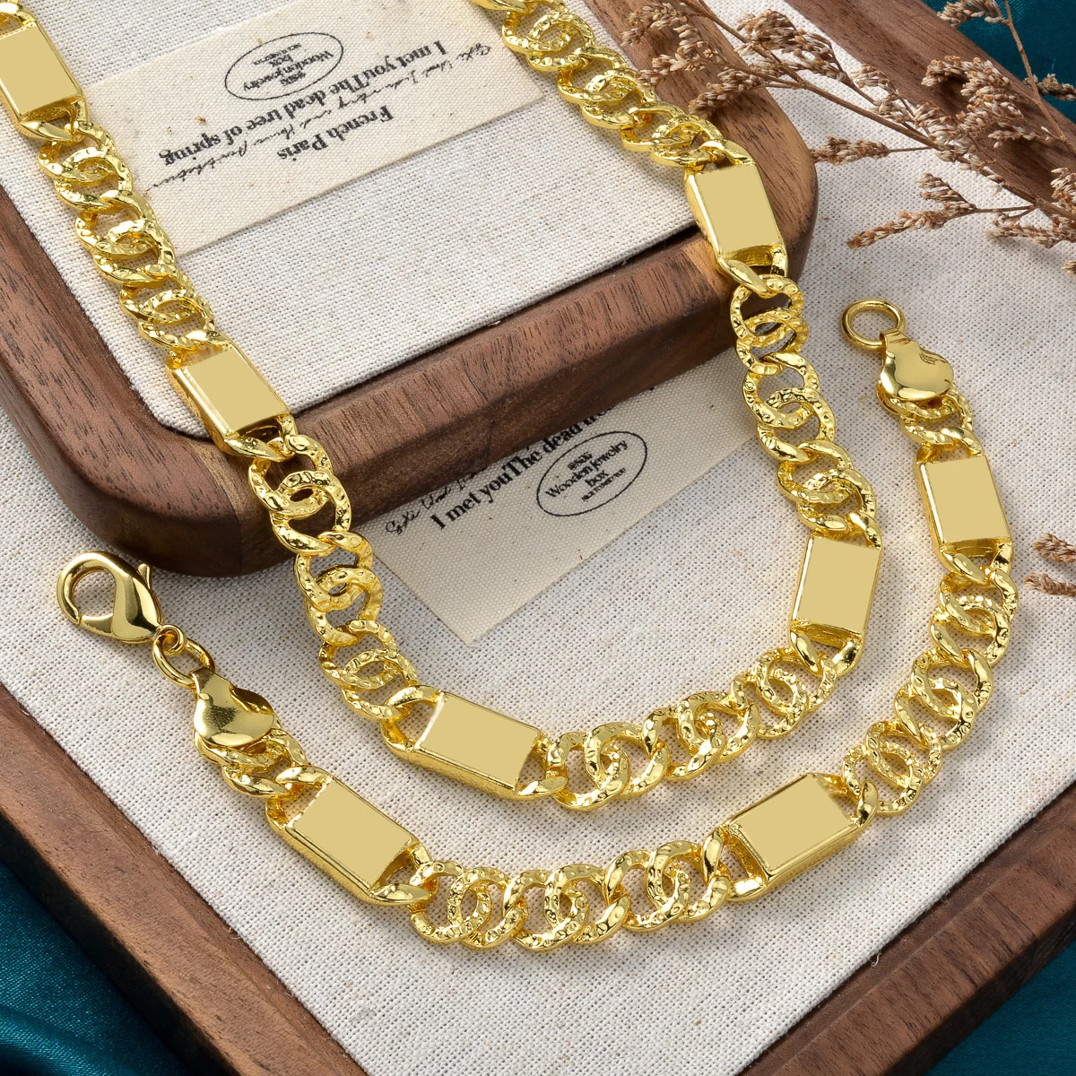 2PC Men's Women's Neutral Style Necklace Bracelet Two Piece Set Hip Hop Rectangular Splicing Elliptical Interweaving Accessories