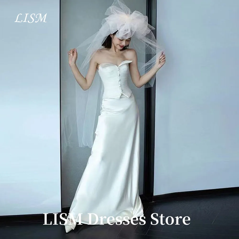 

LISM White Strapless Simple A-Line Korea Wedding Dresses Photo Shoot Satin Floor Length Bridal Gowns웨딩드레스Customized Corsets