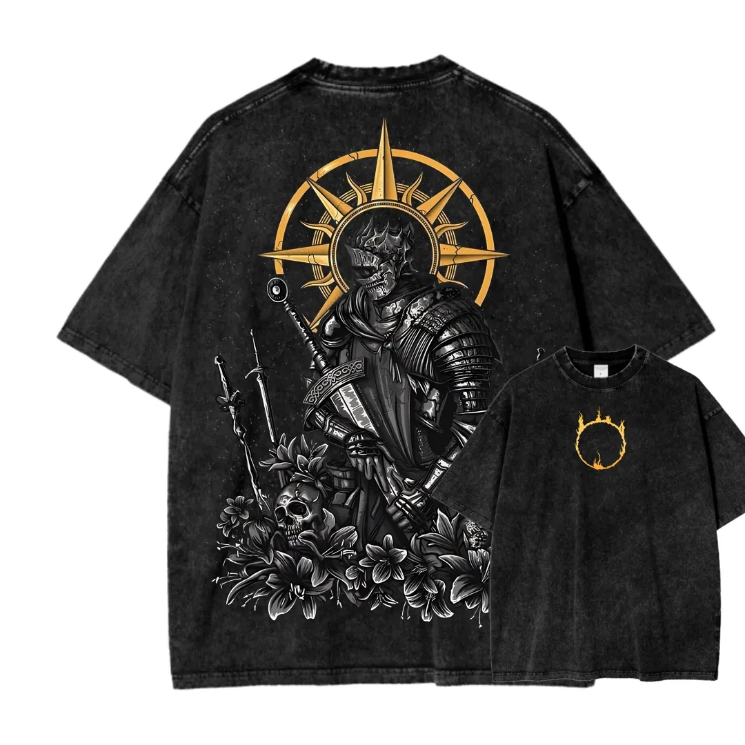 Hot Sale Dark Souls Nameless King Graphic Print T-Shirt Men Women Summer New Tee Retro Washed Cotton Loose Casual Oversized Top