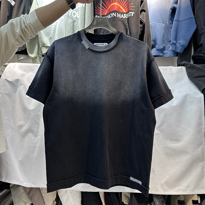 

Summer 2024 American High Street Heavyweight Bastitching Embroidery Simple Loose Hip Hop Vintage ort Sve T-irt Trendy