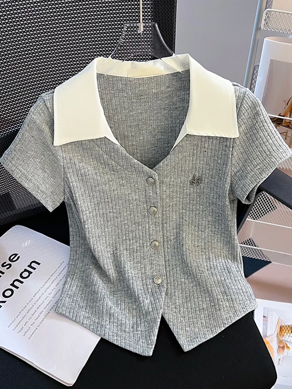 

Women's ort Sve irt Fake Two-Piece oulder Design Summer Slim Fit Turn-down Collar Top Korean Sle Commute