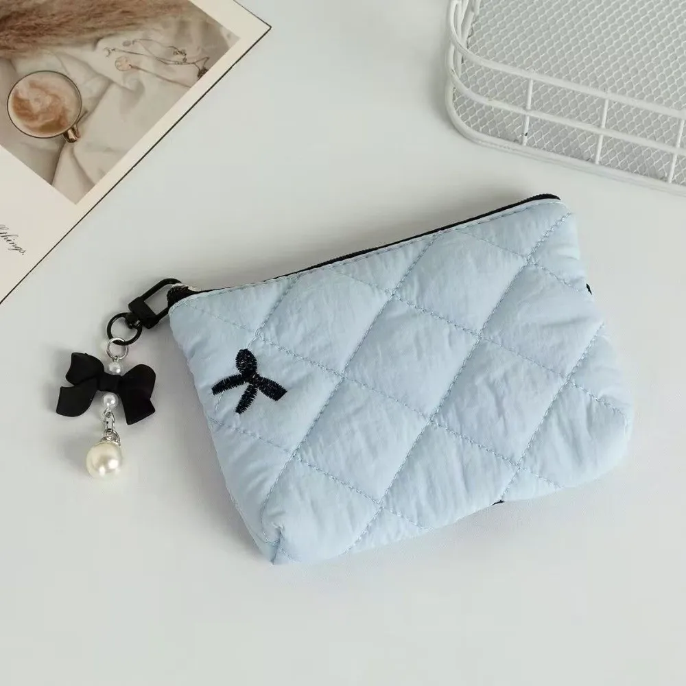 New Quilted Zero Wallet Mini Earphone Data Cable Bow Coin Purse Multi-functional Lipstick Storage Bag Makeup Pocket