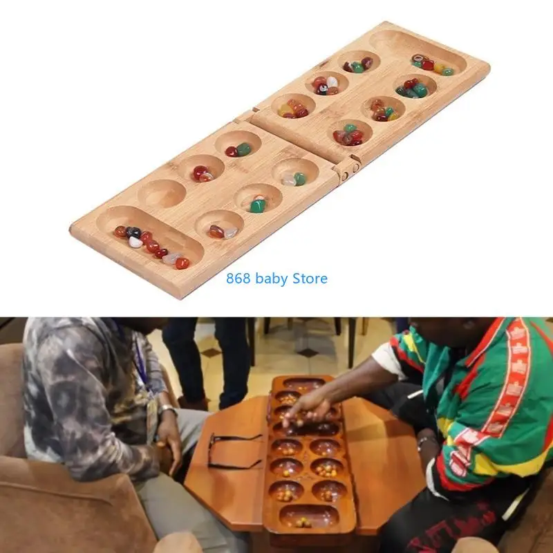 

29EE Africa Mancala Board Game with Colorful Natural Stones Pebbles Folding Wooden Board Chess Set for Kids Adult Party Travel