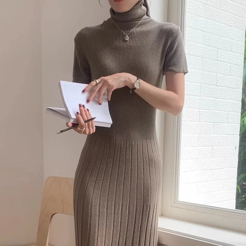 

Autumn Retro Premium Half High Neck Pit Slim Fit Short Sleeve Knitted Maxi Dress For Women Fashion Elegant Sweater Vestido Z3185