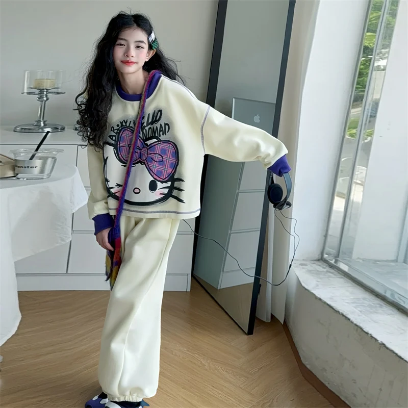 

Hello Kitty, комплект повседневной одежды из 2 предметов для девочек, аниме Sanrios, детское весеннее новое модное пальто с капюшоном и принтом для подростков, брюки, спортивные штаны, подарок