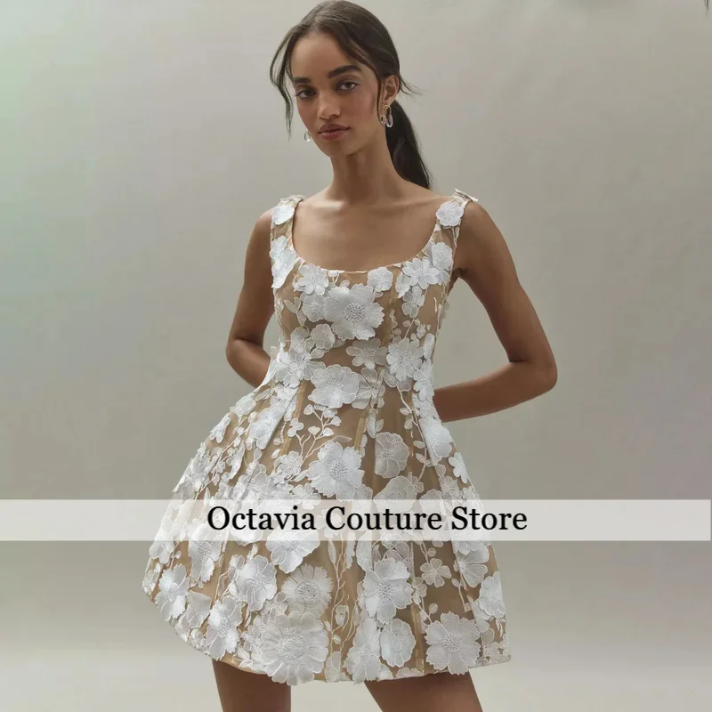 

Captivating 3D Flower Lace A Line Short Wedding Dress Scoop Neck Sleeveless Customized For After Party Gown Robe De Mariée