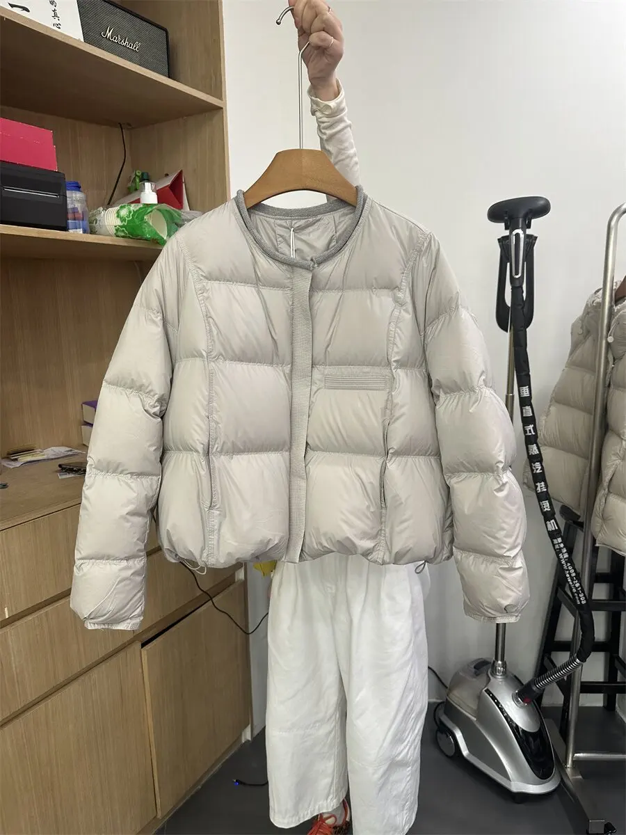 

Casual Style Spliced Short Puffer Jacket Women's Loose Fit round Neck Bread Style Outerwear Autumn Winter New Arrival