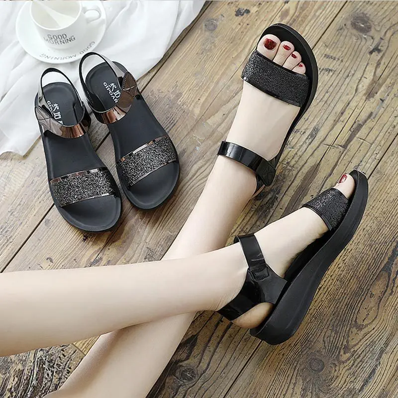 

2023 New Fashion Pu Leather Casual Summer Women Sandals Ladies Slip-on Comfortable Wedge Sandals Beach Walk Shoes Mother Shoes