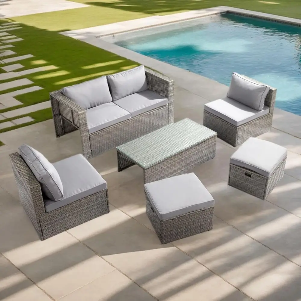 

All-Weather Outdoor Sectional Patio Furniture Set with Ottoman, Glass Coffee Table, Pillows & Cushions, Grey