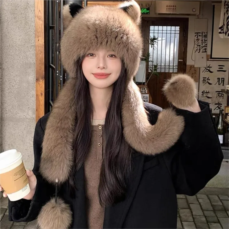 

Women's woven warm fur hat children's ear scarf plush windproof