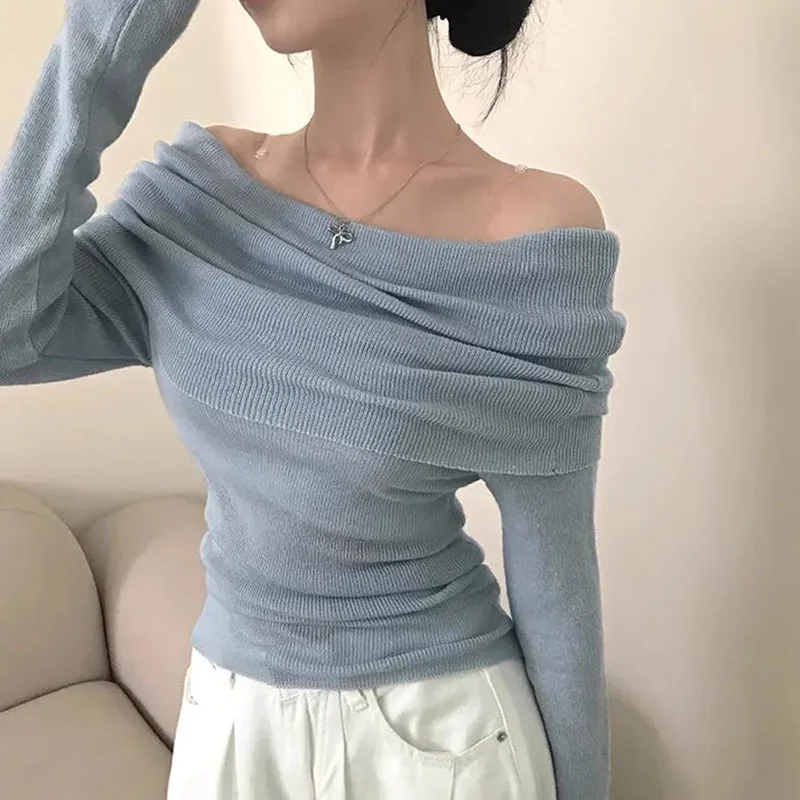 

Chic Spring Knitted One-oulder Long Sve Women's Base irt Slim Fit Pure Desire oulder Exposure Top Korean Sle