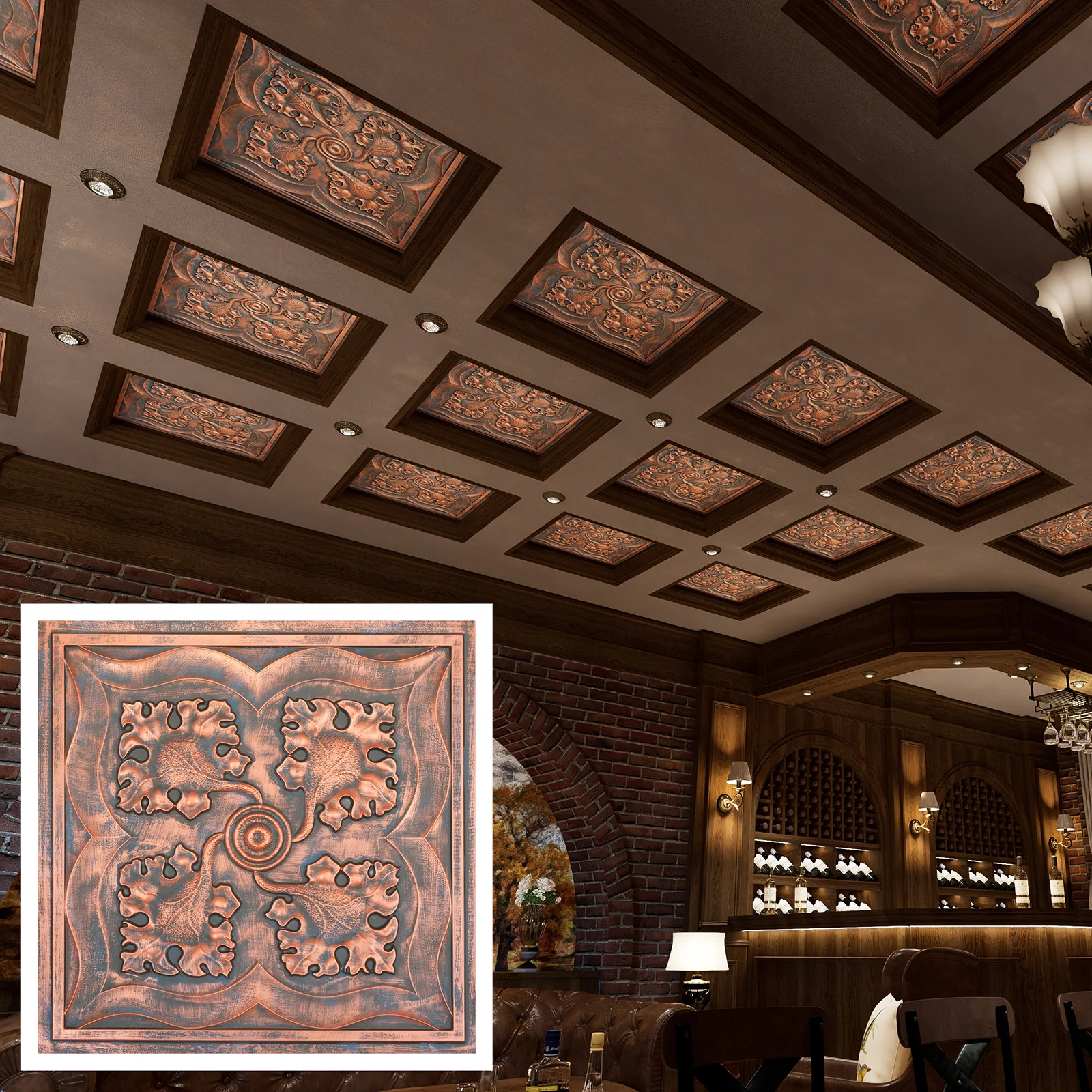 Faux Painting Ceiling Tiles PVC Tin Wall Panels for Nightclub PL64 Rustic copper 10tiles/lot