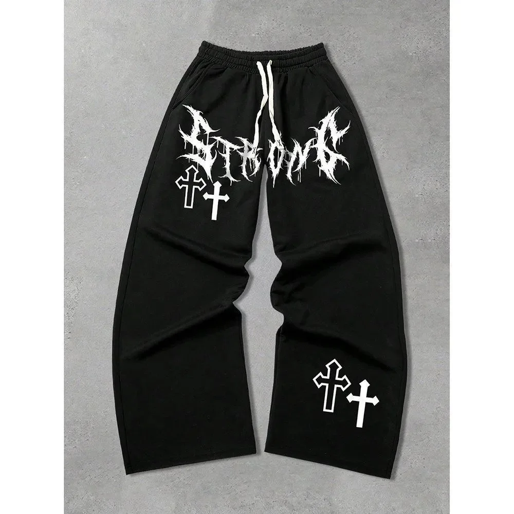Herren Gothic Vertikale Grafik Weite Jogginghose mit Kordelzug Lose Gerade Baggy Y2K Dark Punk Streetwear Hose – Detail 3