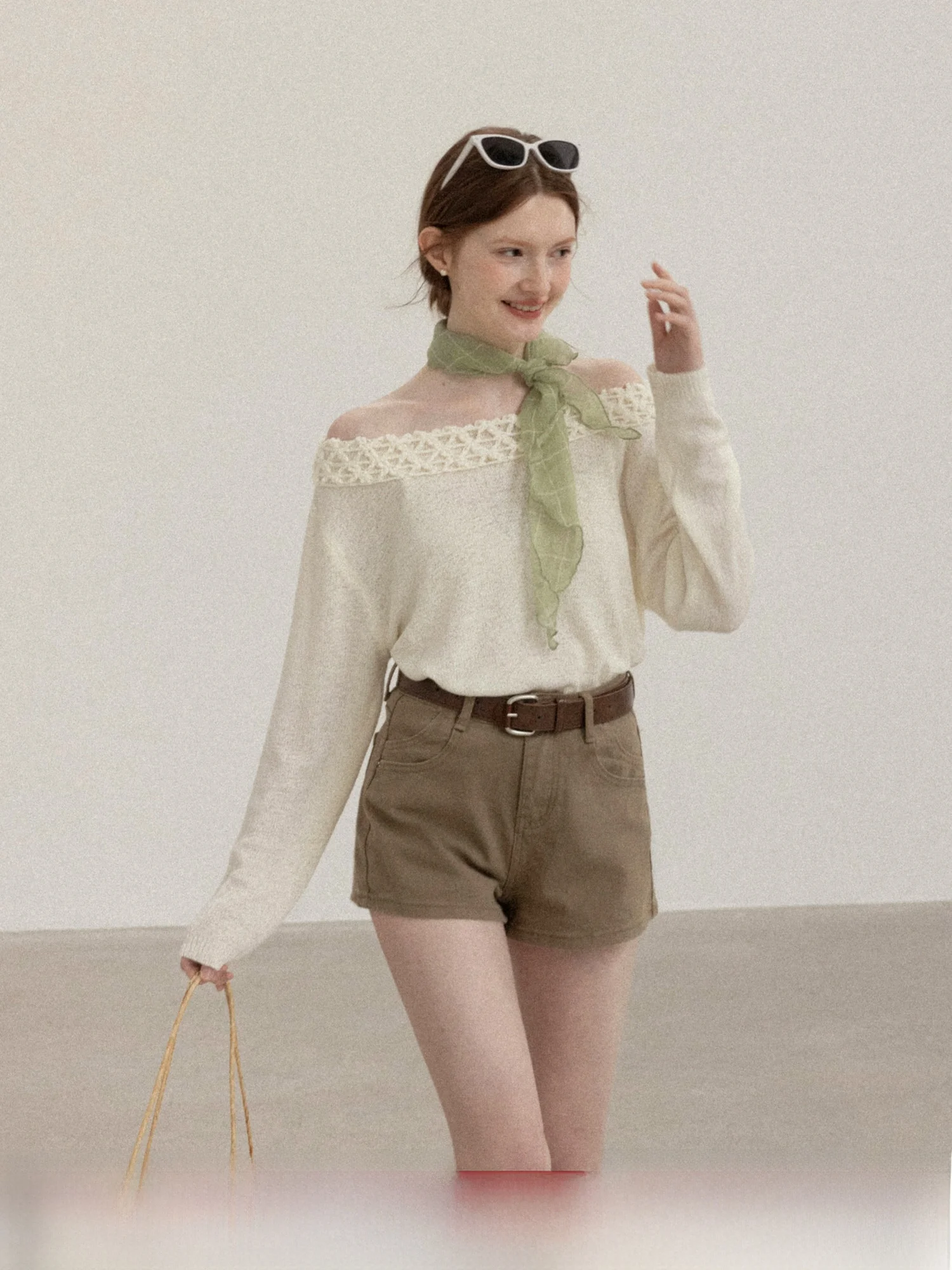 

Spring 2026 Women's Knitted Long Sve Hollow out oulder Casual Loose Fit Soft Acrylic Fiber Yarn Knitwear in Apricot Color