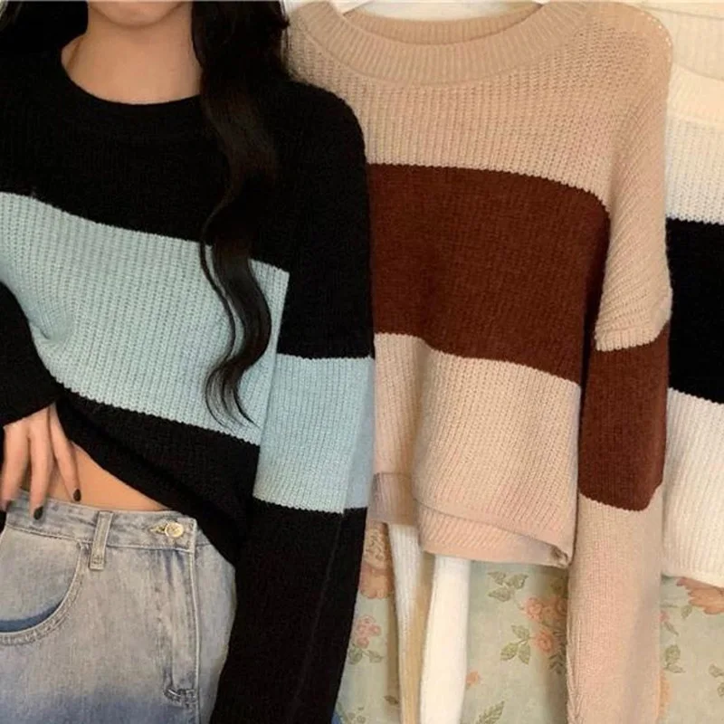 2022 Fashion Color Matching Horizontal Bar Sweaters Women New Autumn Winter Long Sleeve Loose High Waist Korean Knitting Top