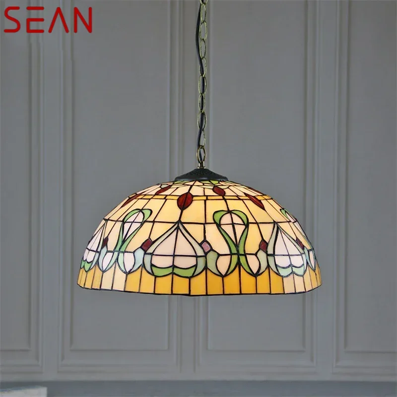 SEAN Tiffany Glass Pendant Lamp LED Creative Pattern Vintage Hanging Light Decor for Home Dining Room Bedroom Hotel