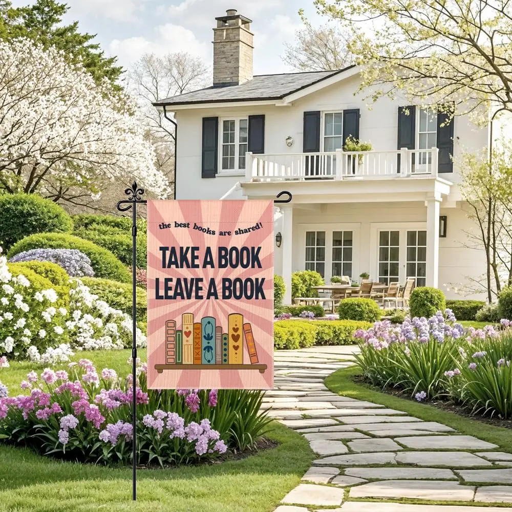 Take a Book Leave a Book Garden Flag, Funny Library Flag for Outside, Bookish Lawn Yard Outdoor Decor, Books Sharing Sign Co EEZ