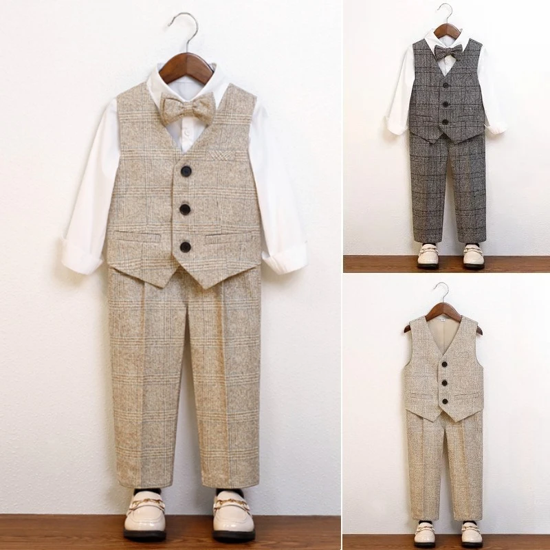 

Kids Plaid Suit Set Autumn Winter British Style Boys Wedding Formal Tuxedo Thick Child Birthday Host Performance Blazer Outfits