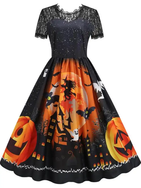 Rua sle loween par abóbora impressão a linha renda emenda fino ort sve maxi dr vestido feminino faion outono wear