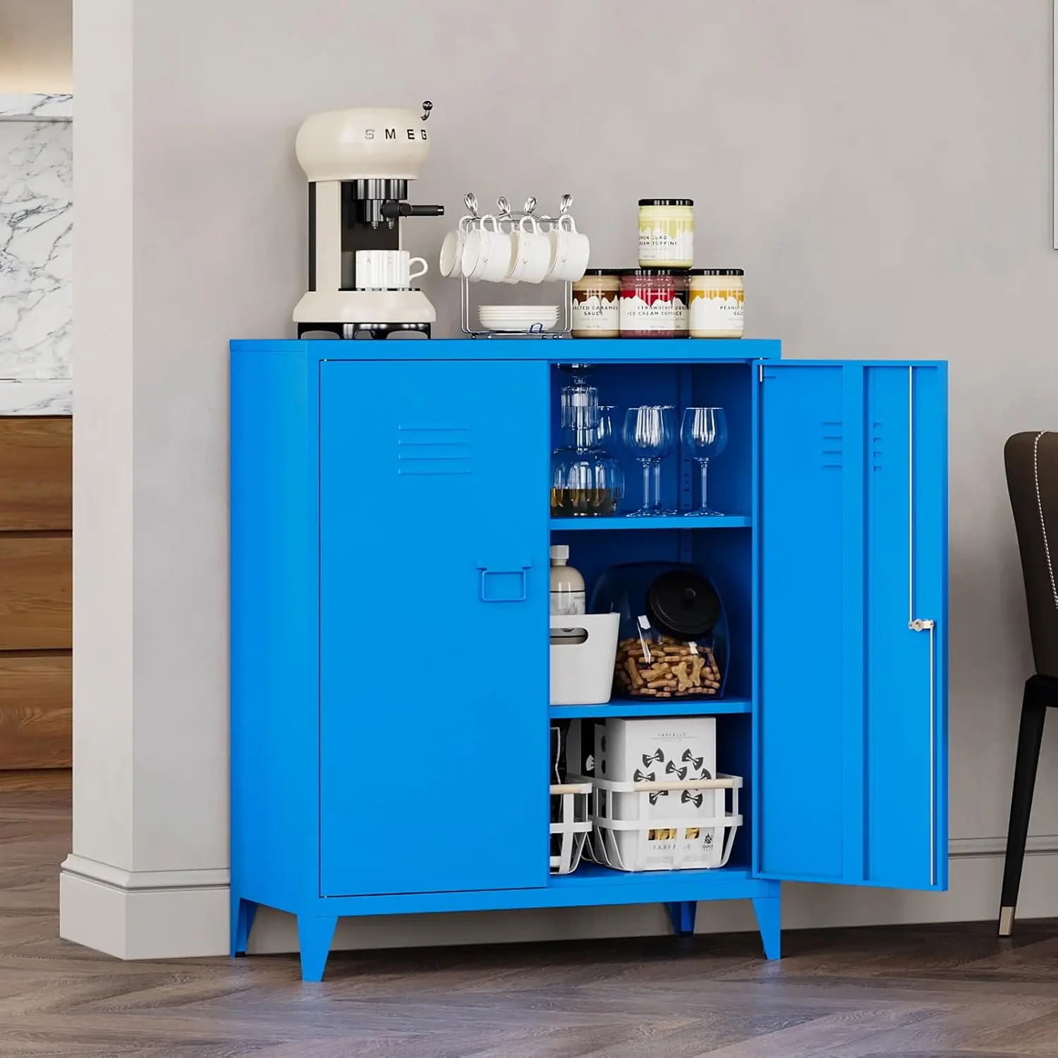 Metal Accent Storage Cabinet with 2 Locking Doors, Blue Cabinets with 2 Adjustable Shelves,Sideboard Buffet Cabinet for Office