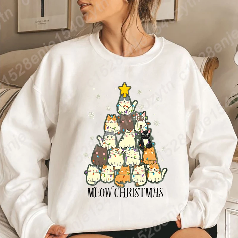 Women's Festive Cat Christmas Tree Print Sweatshirt, Casual Pullovers, Crew Neck Long Sleeve for Winter, Women Xmas Sweatshirts