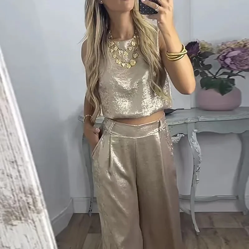 Spring Gold Bronzing Elegant Women\'s Sets Sexy O Neck Vest Top and High-waisted Pant Suits Summer Sleeveless Hollow Outfits 2pcs