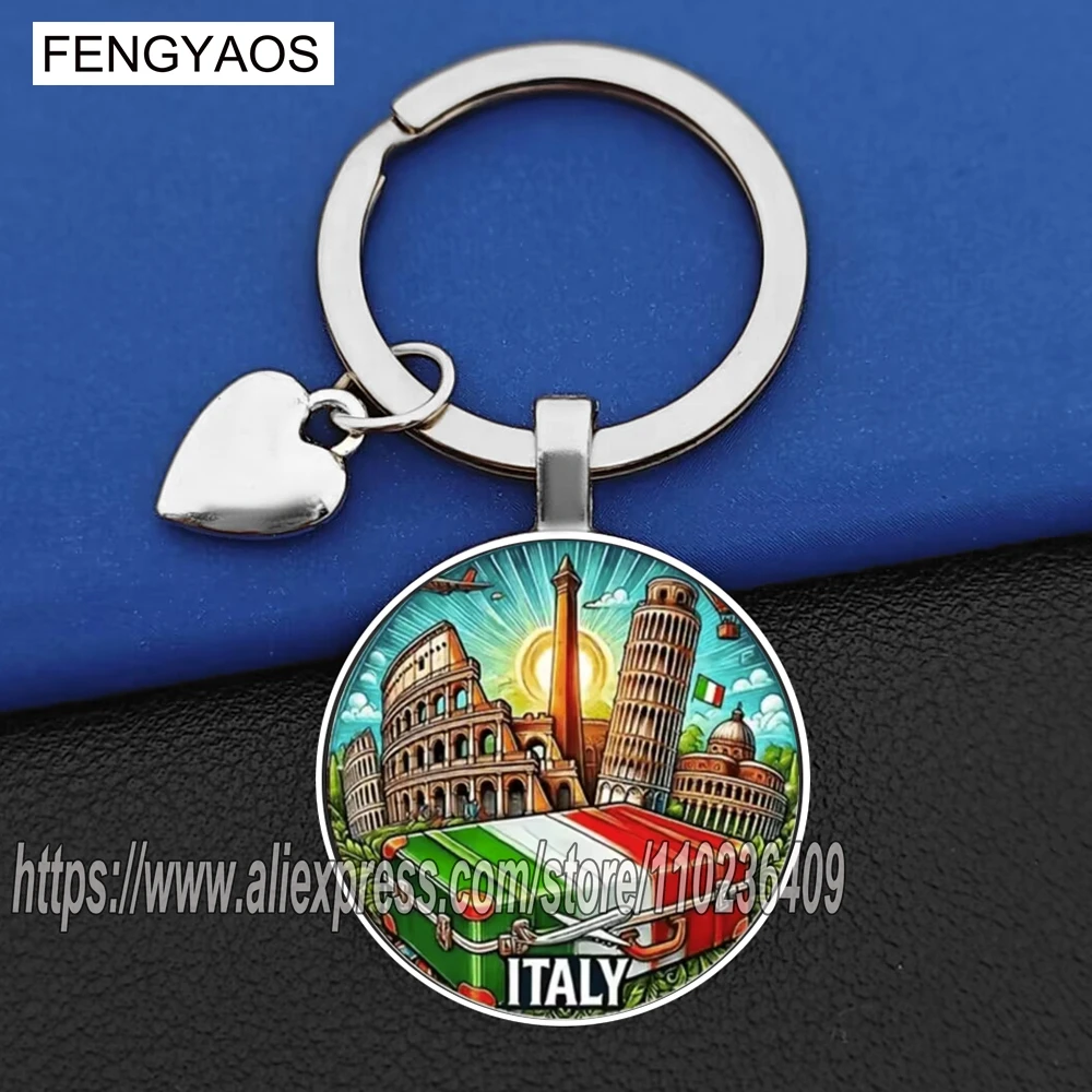 LLavero de viaje italiano, llaveros de la Torre inclinada del Coliseo de Roma de Pisa, llavero con bandera de Italia, regalo de recuerdo del mapa italiano