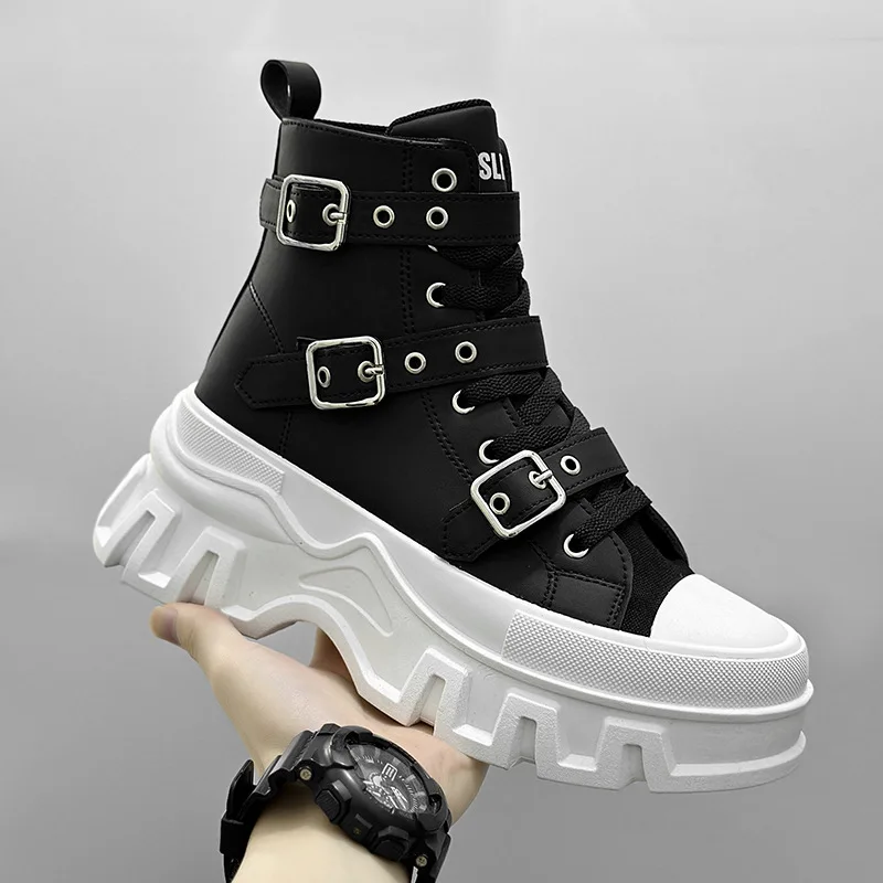 Men's Platform Boots Punk Gothic Boots Fashion Buckle Chain High Heels Mid Calf Boots for Men Height Increase Botas Para Hombre