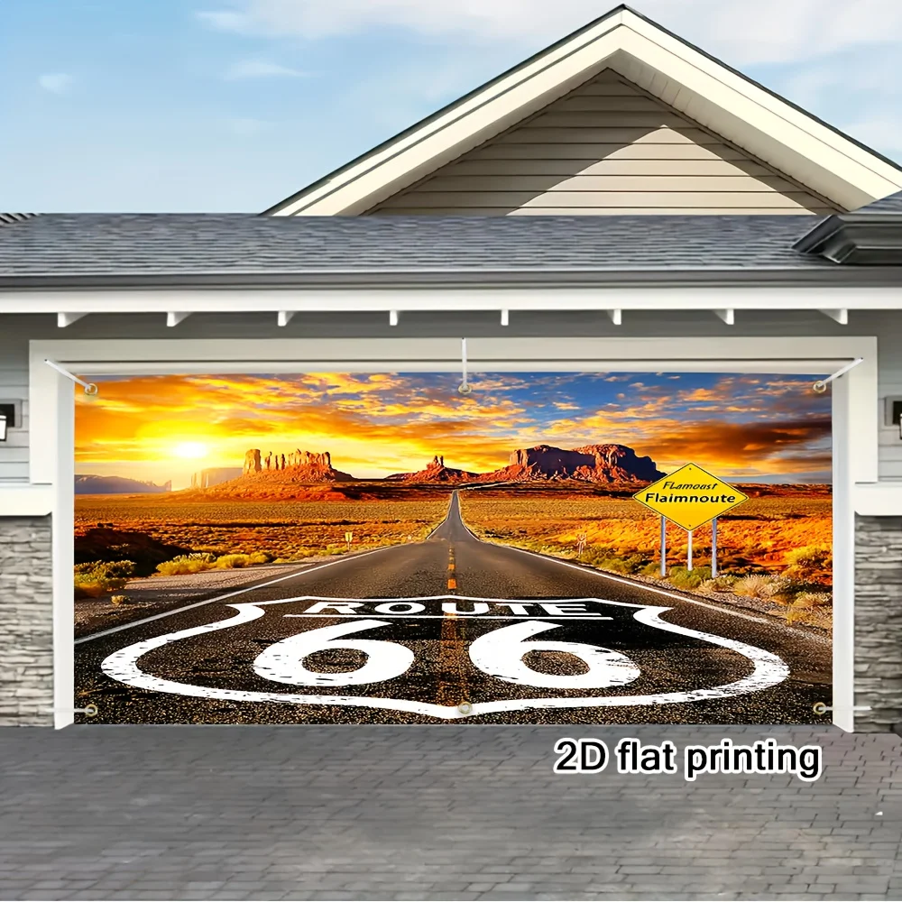 Pancarta de puerta plana 2D, pancarta de garaje con impresión plana 2D, pancarta de puerta de garaje con patrón de paisaje de carretera de Ruta 66, tema de verano, 1 ud.