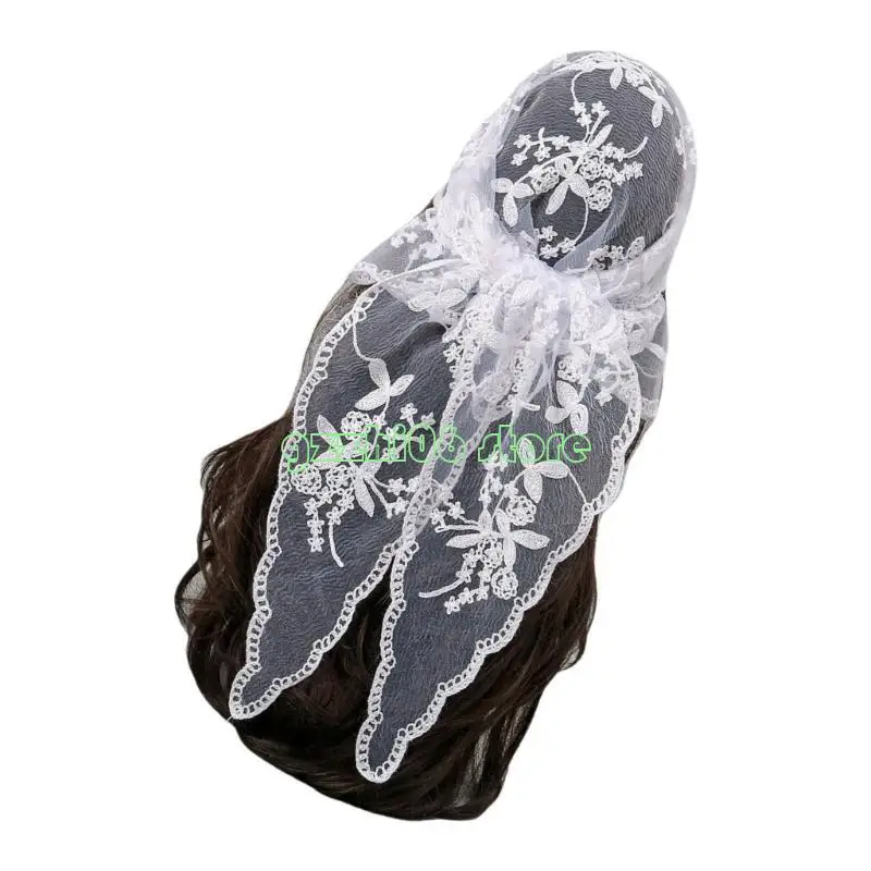 

T5UF Flower Headband Embroidered Lace Triangle Scarf Lace Headscarf for Woman Girls