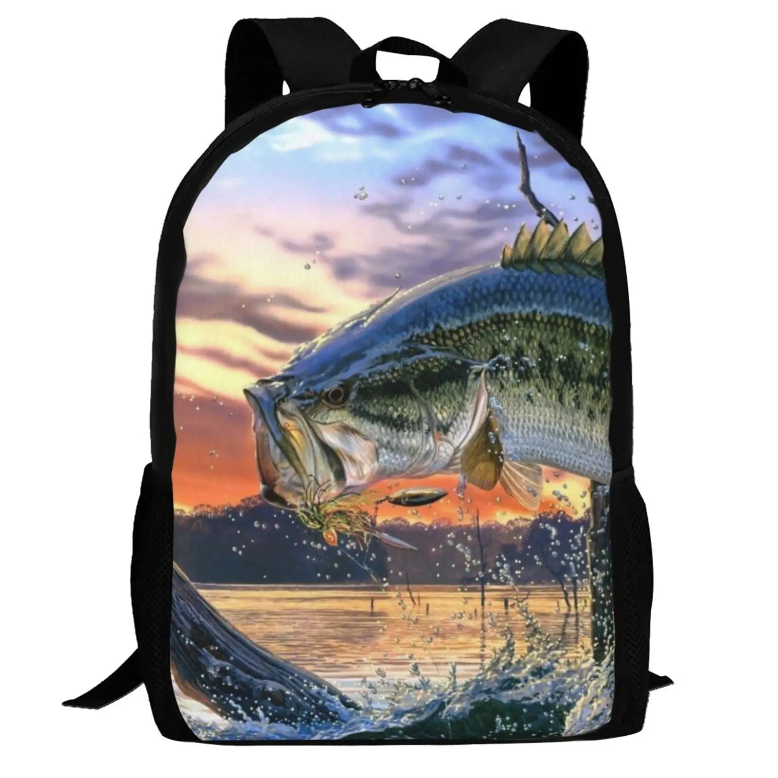 Mochila escolar com estampa de pesca de peixe, leve, bolsa para computador escolar, casual, caminhada, viagem, mochila para homens, mulheres e meninas