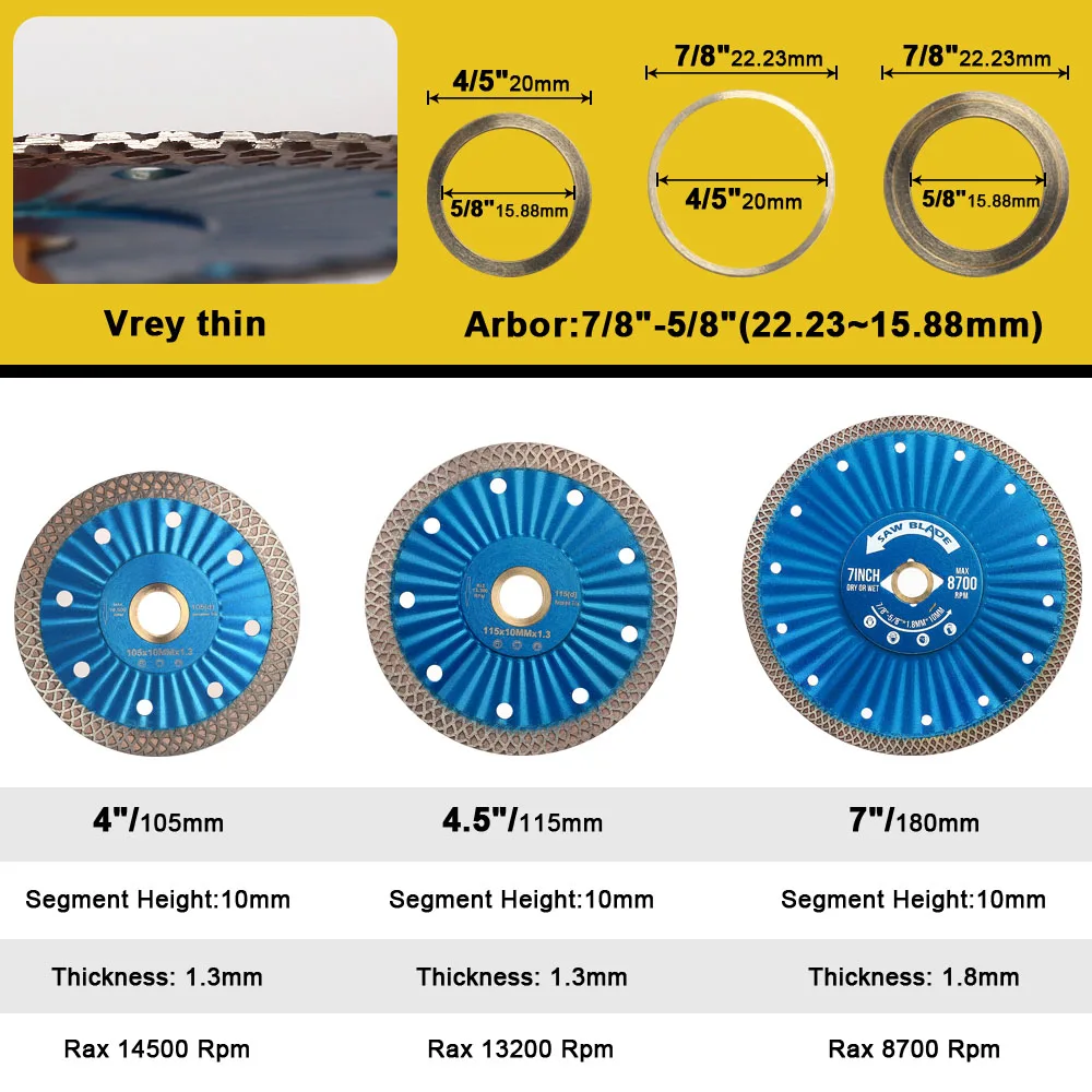 Lame de Scie Turbo Diamantée pour Meuleuse d'Angle, Disque de Coupe pour Granit et Marbre, Diamètre 4-7 Pouces