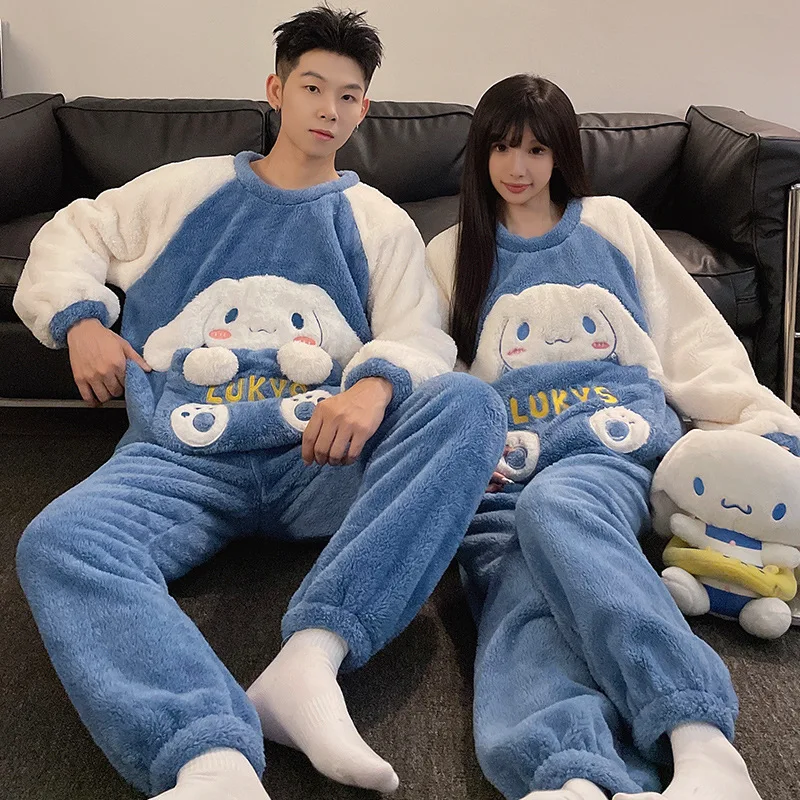 Sanrio Couple Pajamas Winter Cartoon Warm Long Sleeve Crew Neck Sanrio Couple Suit Yugui Dog Loungewear Yugui Dog Men's Pajamas