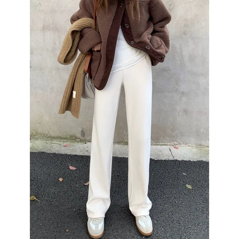 الخريف/الشتاء صوف مبطن سميكة المرأة السراويل الطويلة عادية Y2K سروال قصير واسعة الساق بنطلون لينة العصرية مستقيم الساق بنطلون