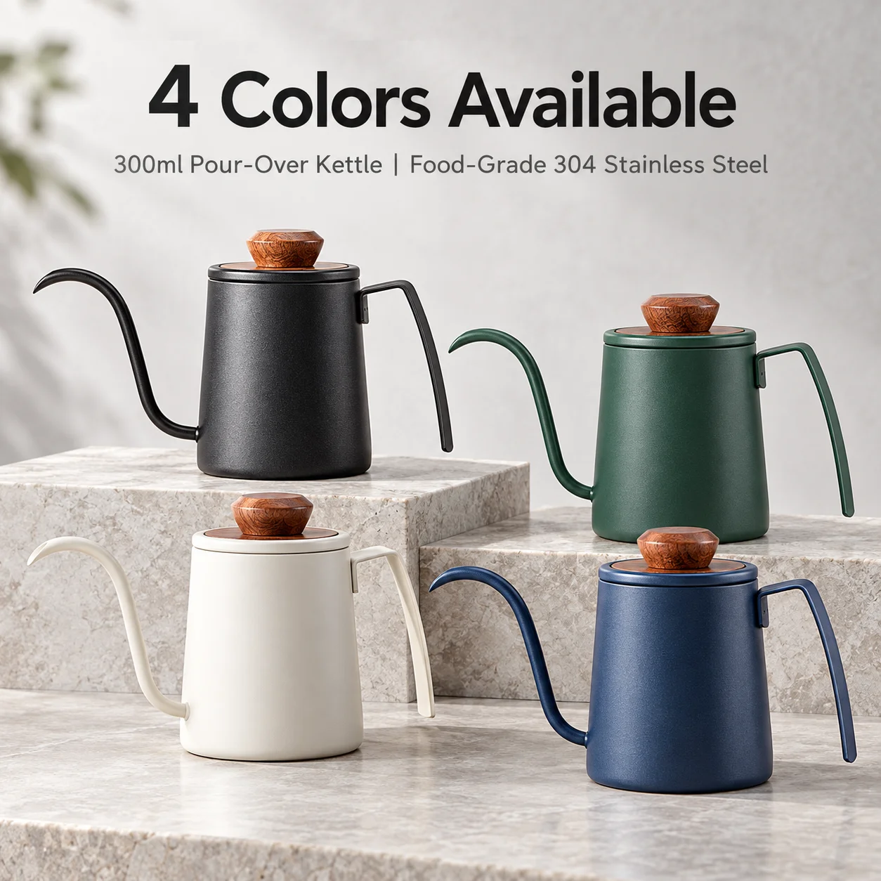 BIGE 300ml Gooseneck Pour Over Coffee Kettle 304 Stainless Steel Precision Drip Pot Locking Lid Wooden Knob