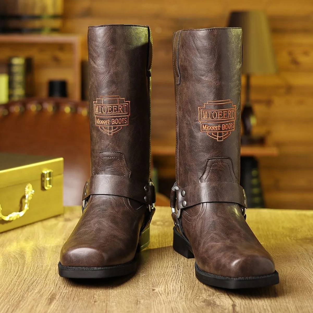 Men's Leather Boots with Embroidered Retro Motorcycle Boot Sleeve, Wide-Top Western Cowboy Boots