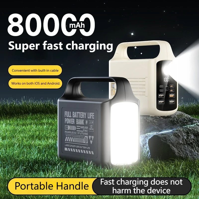 200000mAh Power Bank Large Capacity Portable Outdoor Emergency Power Supply Built-in Cable Camping Light For iPhone