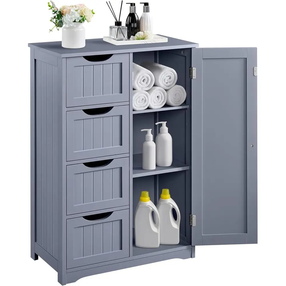 

Gray Freestanding Storage Organizer with 4 Drawers and Adjustable Shelves for Kitchen and Bathroom Use