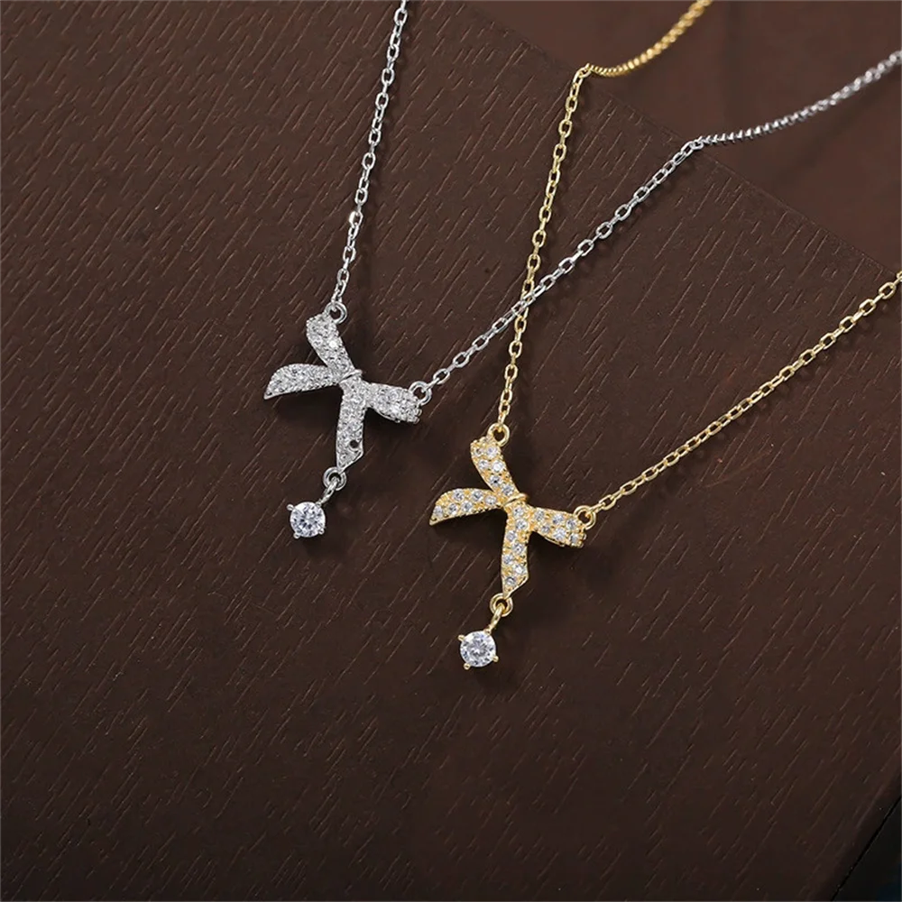 

Korean Women's S925 Sterling Silver Necklace, Bow Pendant, Luxury Niche, Anniversary Gift for Girlfriend Jewelry