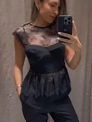 TRAF Fashion Women Lace Patchwork Tops 2024 New Female Sleeveless O-neck Backless Shirt Elegant Sweet Black Club Party Tops