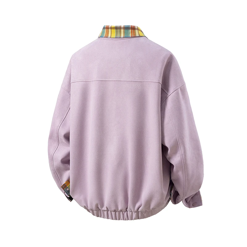 Kurtka męska zamszowa haftowana nowa jesienna modna markowa kontrastowa kolorowa kurtka w kratę z klapami