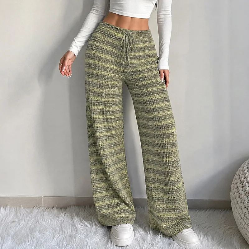 Chic 2026 Autumn Chic Trousers Bottom Winter Korean Casual Mopping Pants Contrasting Striped Strappy Straight Wide-leg Pants