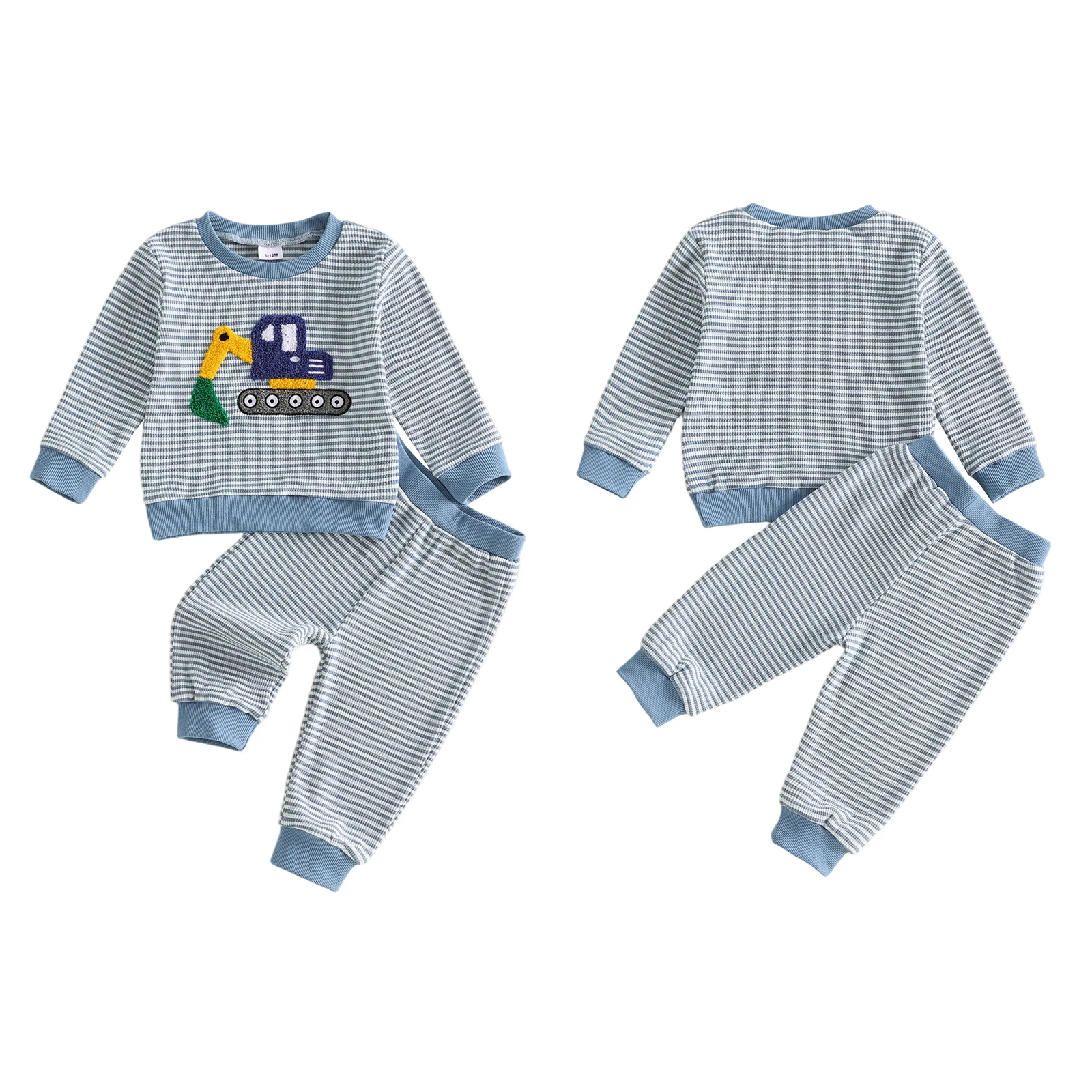 2027 Xmas Toddler Baby Boys Striped Outfit Fashion Fall Long Sleeve Excavator Embroidery Pullover with Pants 2Pcs Baby's Sets